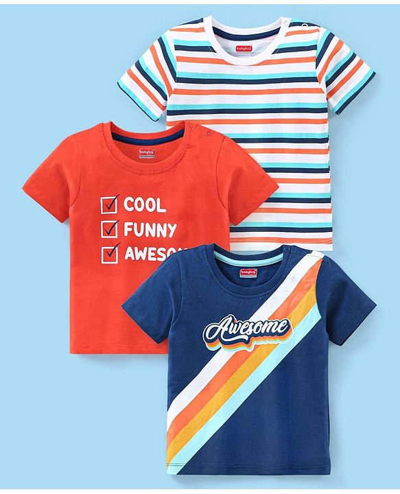 Babyhug Cotton Half Sleeves T-Shirt Text & Stripes Print Pack of 3 -Blue & Red