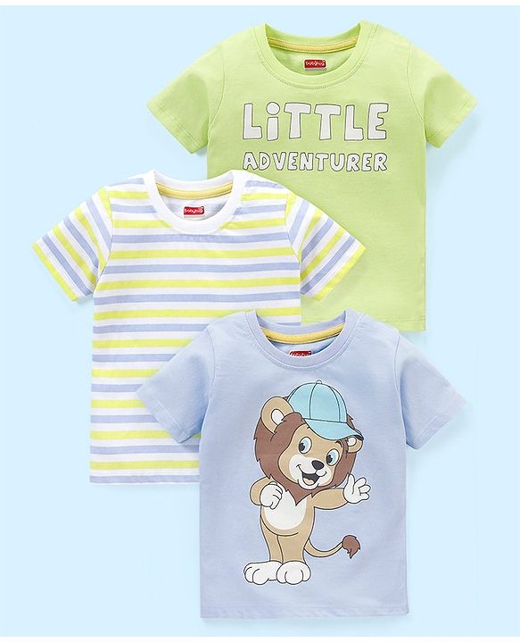 Babyhug Cotton Knit Half Sleeves Striped T-Shirt Lion Print Pack of 3 - Green & Purple