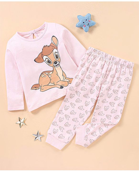 Babyhug Cotton Full Sleeves Night Suit Bambi Print- Peach