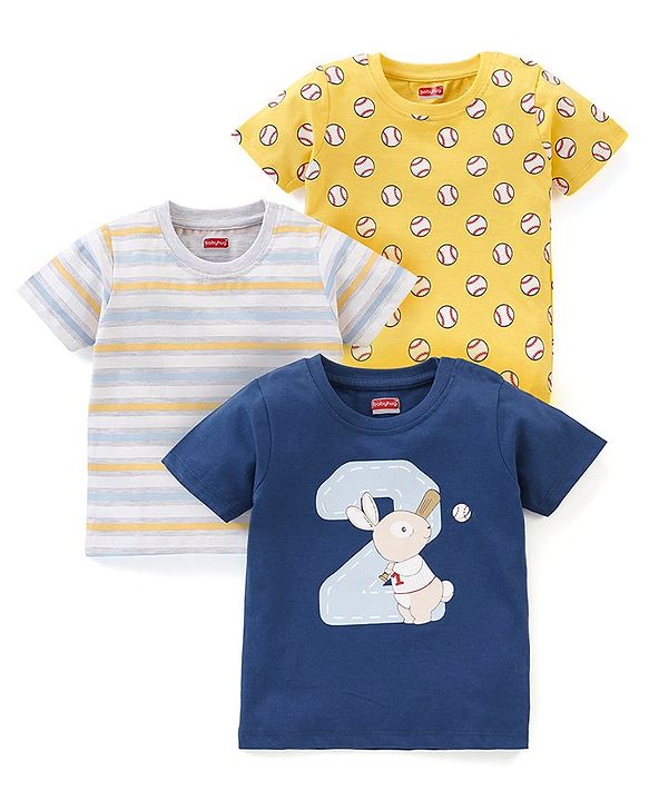 Babyhug Cotton Knit Half Sleeves T-Shirts Stripes & Baseball Print Pack of 3 - Blue White & Yellow