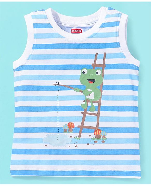 Babyhug Cotton Sleeveless T-Shirt Stripes and Frog Print - Blue & White