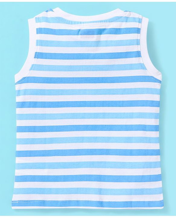 Babyhug Cotton Sleeveless T-Shirt Stripes and Frog Print - Blue & White