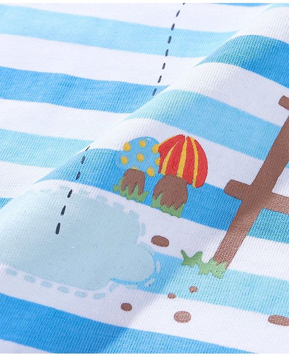 Babyhug Cotton Sleeveless T-Shirt Stripes and Frog Print - Blue & White