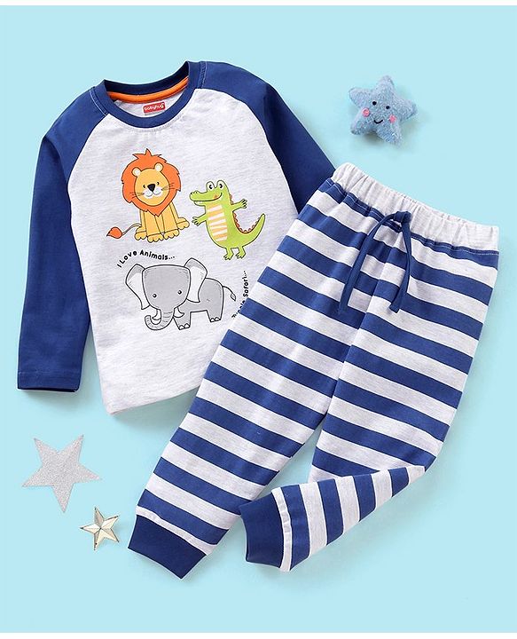 Babyhug Cotton Knit Full Sleeves Night Suit Wild Animal Print - Blue