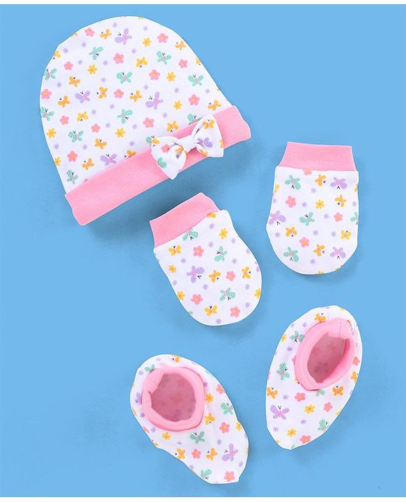 Babyhug 100% Cotton Butterfly Printed Cap Mittens & Booties Pink -  Diameter 10 cm