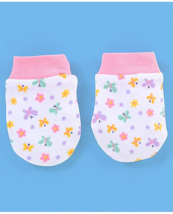 Babyhug 100% Cotton Butterfly Printed Cap Mittens & Booties Pink -  Diameter 10 cm