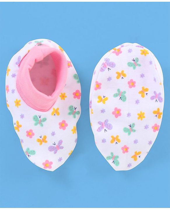Babyhug 100% Cotton Butterfly Printed Cap Mittens & Booties Pink -  Diameter 10 cm
