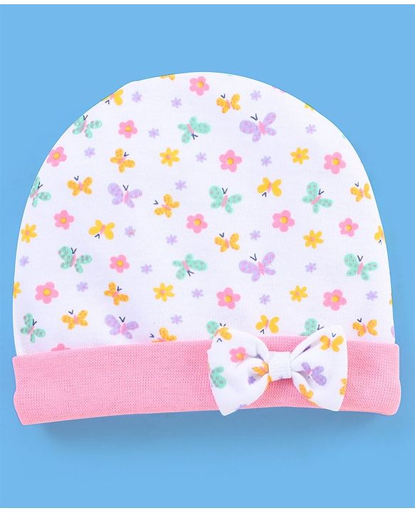 Babyhug 100% Cotton Butterfly Printed Cap Mittens & Booties Pink -  Diameter 10 cm