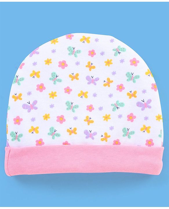 Babyhug 100% Cotton Butterfly Printed Cap Mittens & Booties Pink -  Diameter 10 cm