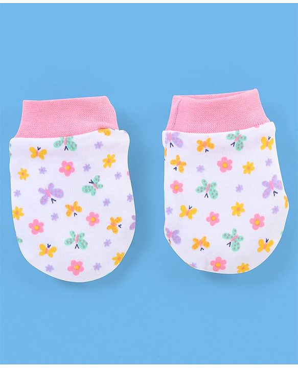 Babyhug 100% Cotton Butterfly Printed Cap Mittens & Booties Pink -  Diameter 10 cm