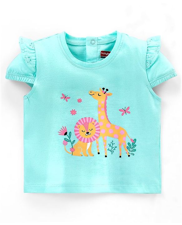 Babyhug Cotton Half Sleeves T-Shirt With Graphics & Frill Detailing - Aqua Blue