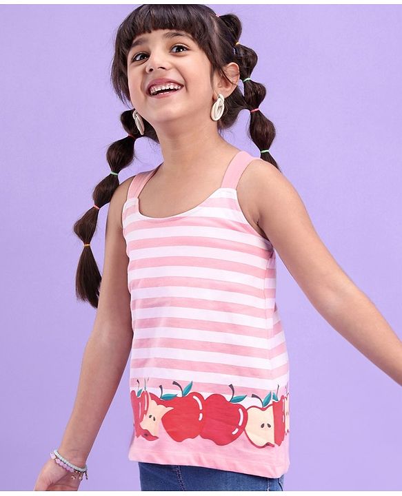 Babyhug 100% Cotton Sleeveless Tee Striped With Apple Print - Pink