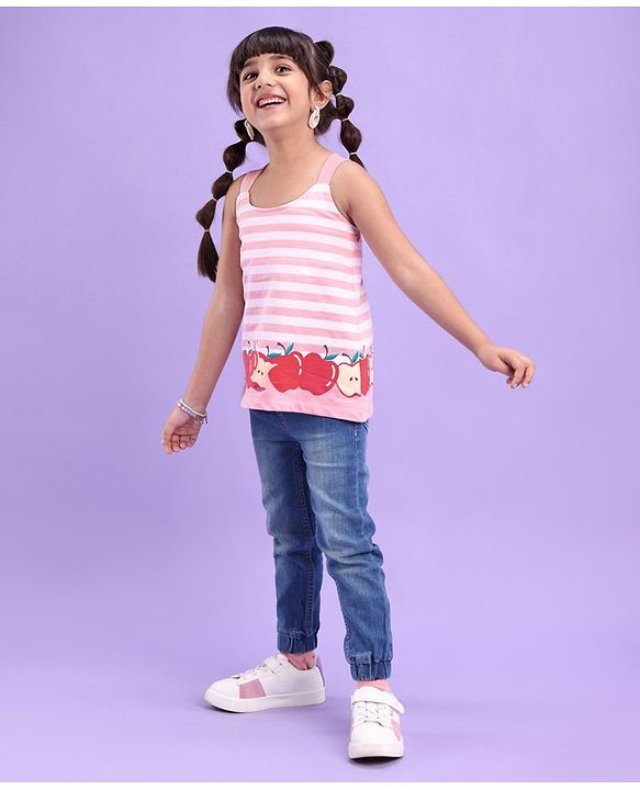 Babyhug 100% Cotton Sleeveless Tee Striped With Apple Print - Pink