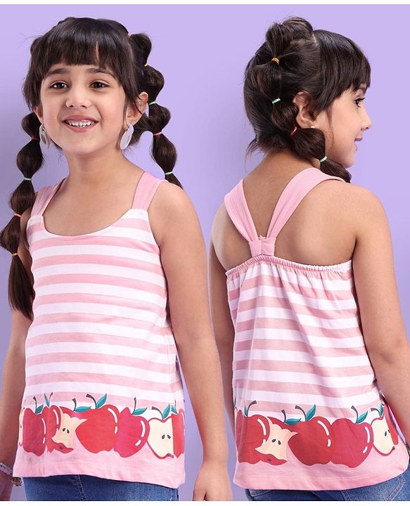 Babyhug 100% Cotton Sleeveless Tee Striped With Apple Print - Pink