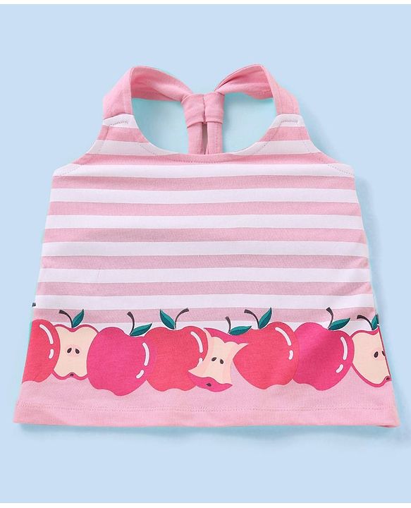 Babyhug 100% Cotton Sleeveless Tee Striped With Apple Print - Pink