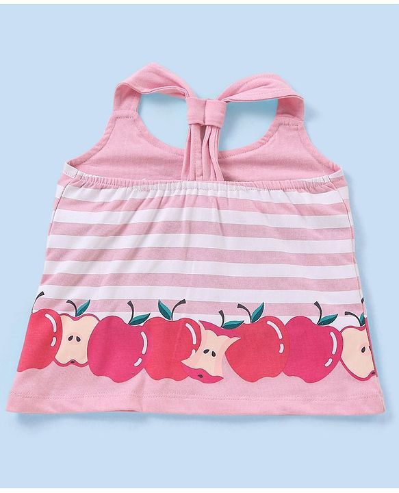 Babyhug 100% Cotton Sleeveless Tee Striped With Apple Print - Pink