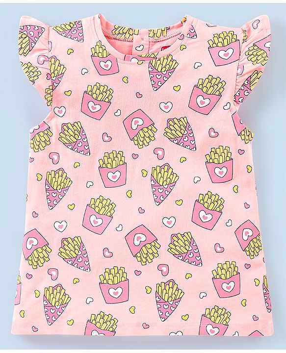 Babyhug 100% Cotton Knit Short Sleeves Fries Print with Frill Detailing Tee - Peach