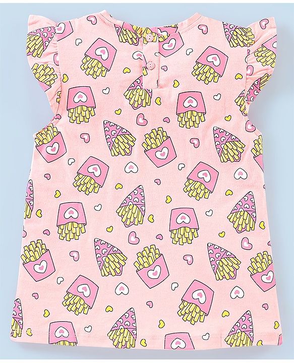 Babyhug 100% Cotton Knit Short Sleeves Fries Print with Frill Detailing Tee - Peach