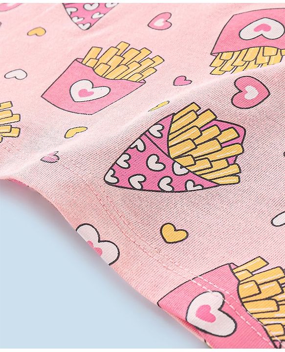 Babyhug 100% Cotton Knit Short Sleeves Fries Print with Frill Detailing Tee - Peach