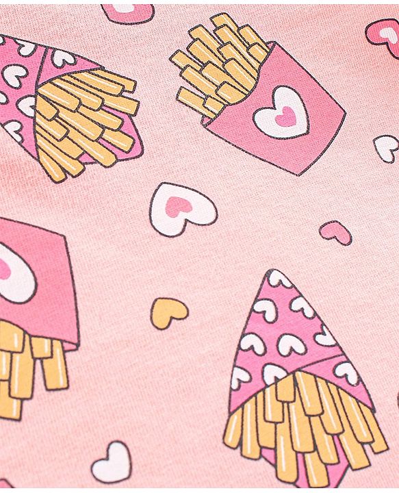 Babyhug 100% Cotton Knit Short Sleeves Fries Print with Frill Detailing Tee - Peach