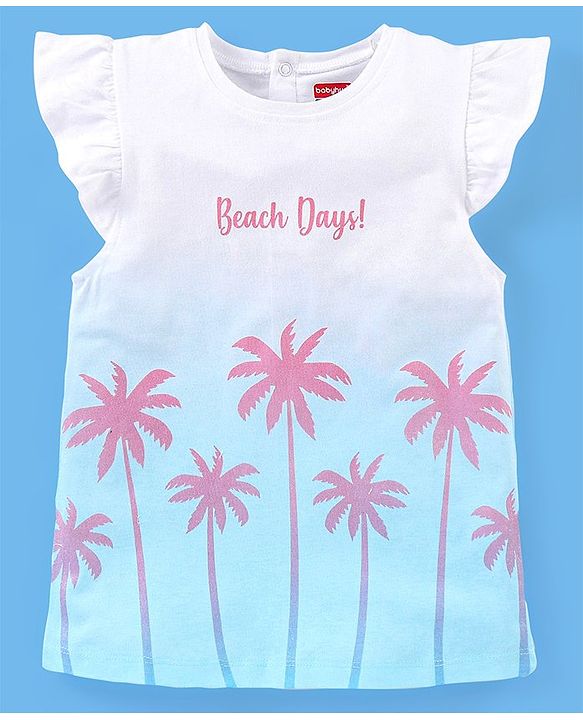 Babyhug Cotton Knit Frill Sleeves Ombre Effect Top Beach Print - Blue & White