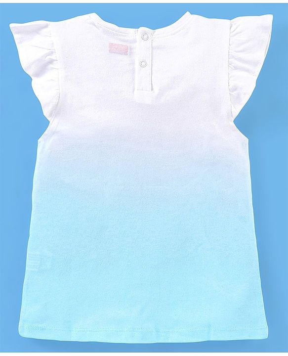 Babyhug Cotton Knit Frill Sleeves Ombre Effect Top Beach Print - Blue & White
