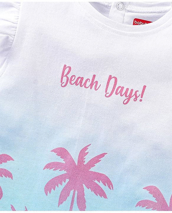 Babyhug Cotton Knit Frill Sleeves Ombre Effect Top Beach Print - Blue & White