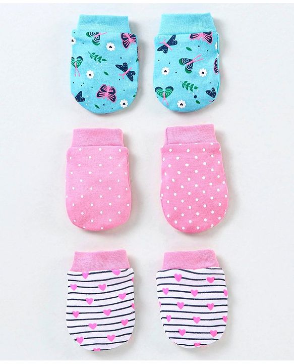 Babyhug 100% Cotton Mittens Butterfly Print Pack of 3 - Pink & Blue