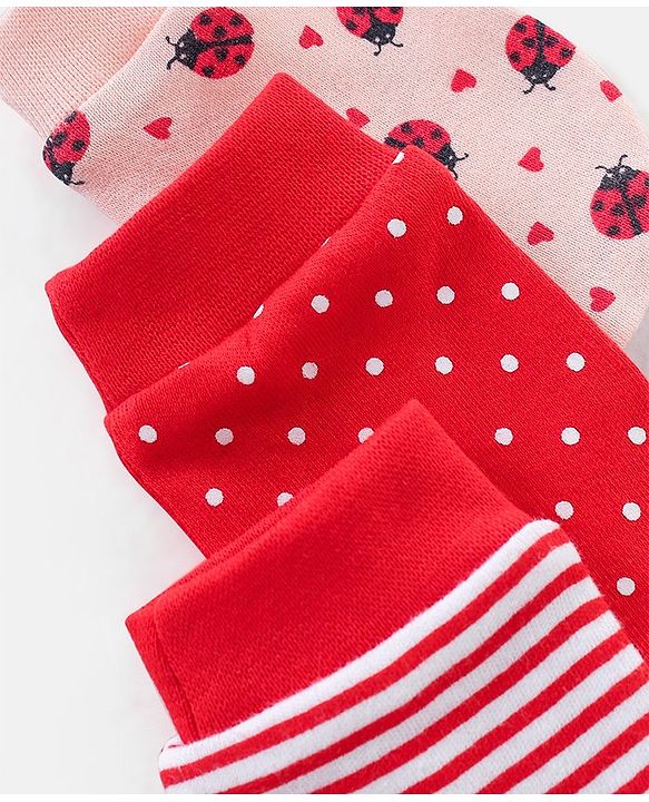 Babyhug 100% Cotton Lady Bug Print Mittens Pack of 3 - Multicolor