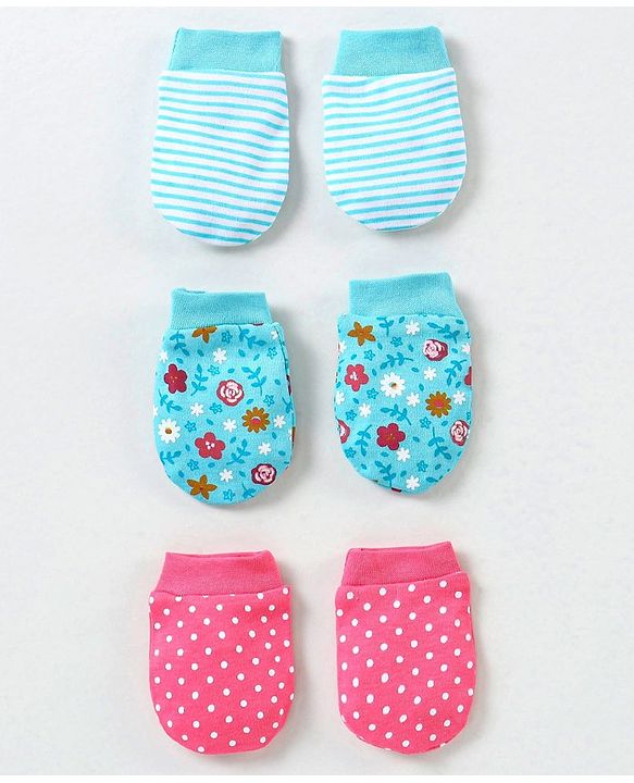 Babyhug 100% Cotton Mittens Floral Print Pack of 3 - Pink & Blue