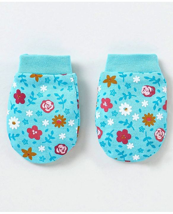 Babyhug 100% Cotton Mittens Floral Print Pack of 3 - Pink & Blue