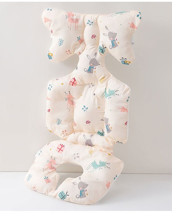 Babyhug Stroller Cushion Dino Print - Cream| Breathable Fabric| Soft & Fluffy