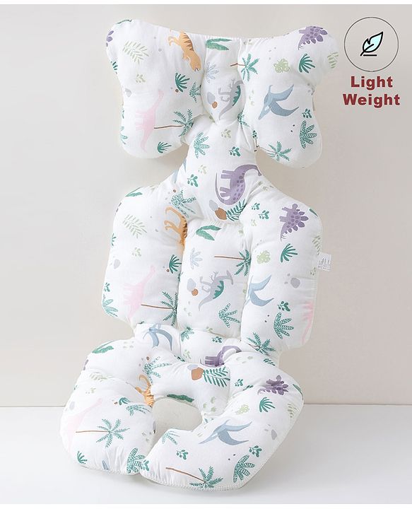 Babyhug Stroller Cushion Dino Print - Cream| Breathable Fabric| Soft & Fluffy