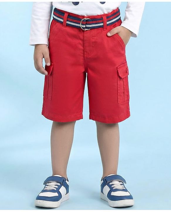 Babyhug Cotton Knee Length Jamaican with Belt Solid Color - Red