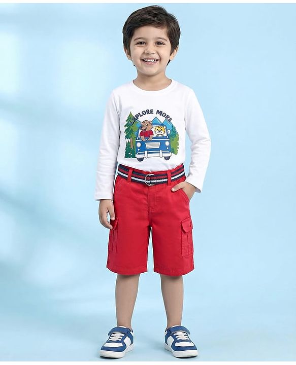 Babyhug Cotton Knee Length Jamaican with Belt Solid Color - Red