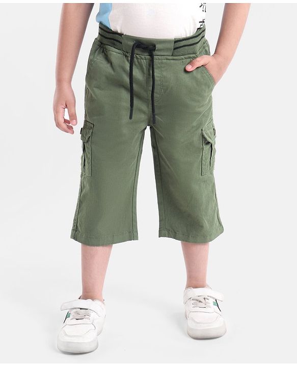 Babyhug Cotton Twill Stretchable Knee Length Jamaican Solid Color with Drawstring - Green