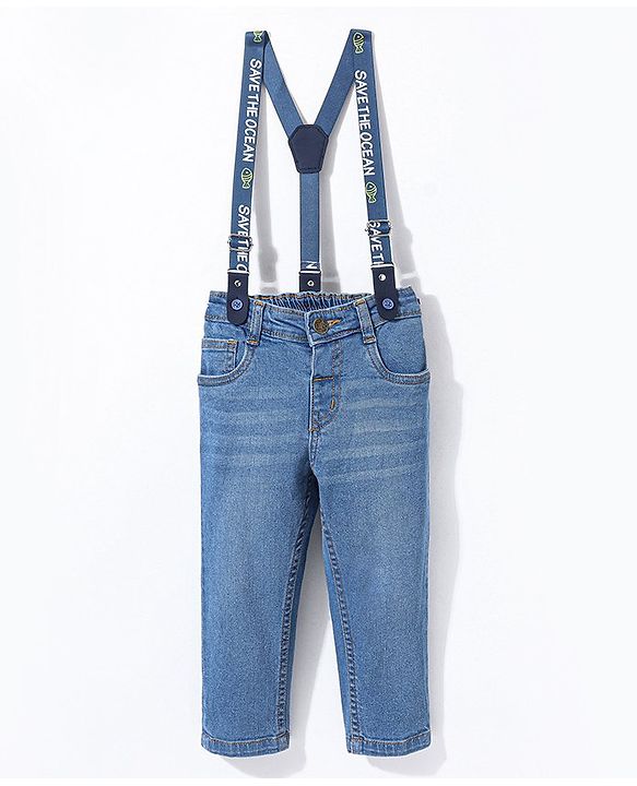 Babyhug Cotton Full Length Stretchable Denim Jeans with Fly Open Zipper with Suspenders Solid Colour   Fly With Zipper -  Blue
