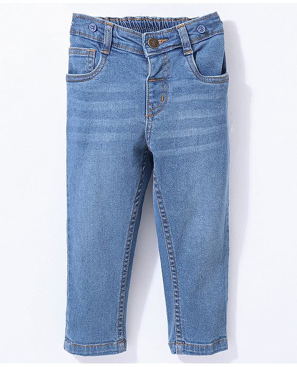 Babyhug Cotton Full Length Stretchable Denim Jeans with Fly Open Zipper with Suspenders Solid Colour   Fly With Zipper -  Blue