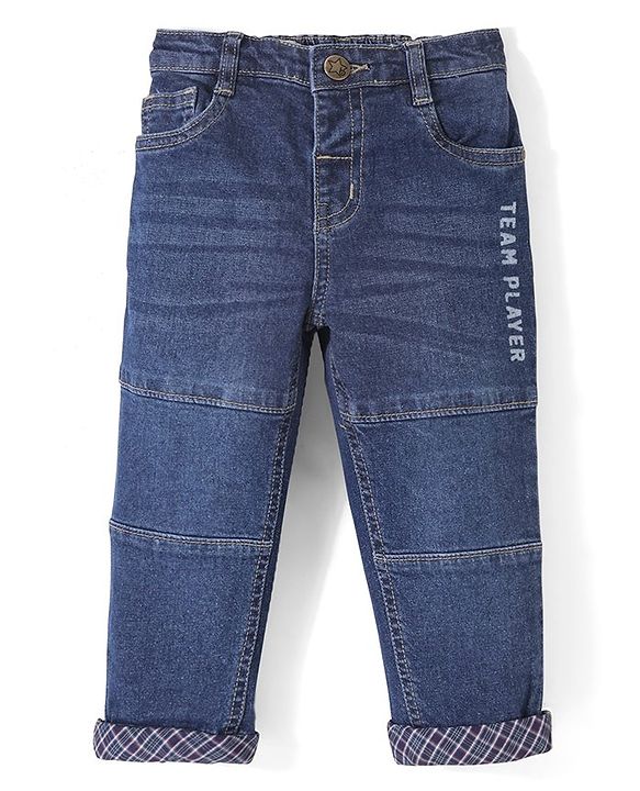 Babyhug Cotton Stretchable Knitted Denim Full Length Jogger with Drawstring  - Dark Blue
