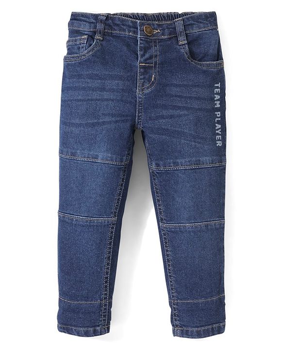 Babyhug Cotton Stretchable Knitted Denim Full Length Jogger with Drawstring  - Dark Blue