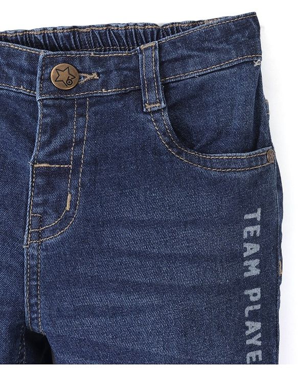 Babyhug Cotton Stretchable Knitted Denim Full Length Jogger with Drawstring  - Dark Blue