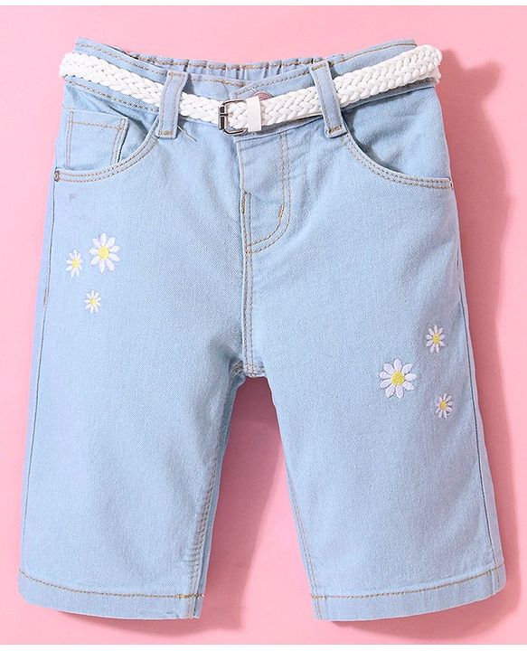 Babyhug Cotton Washed Denim Capri With Belt Floral Embroidery- Light Blue