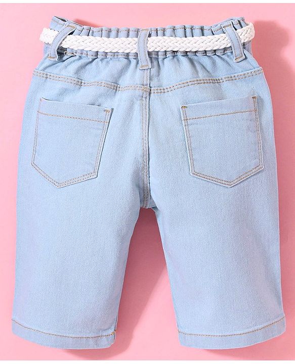 Babyhug Cotton Washed Denim Capri With Belt Floral Embroidery- Light Blue