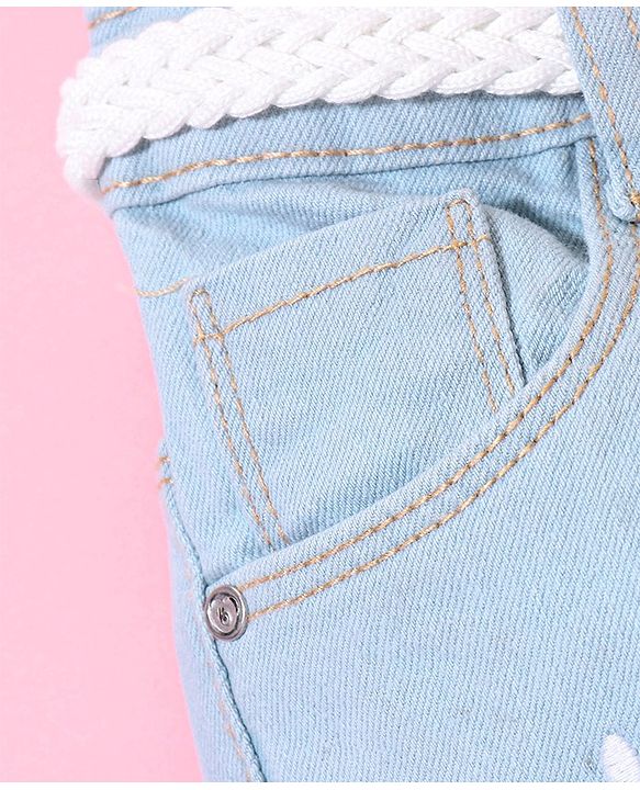 Babyhug Cotton Washed Denim Capri With Belt Floral Embroidery- Light Blue