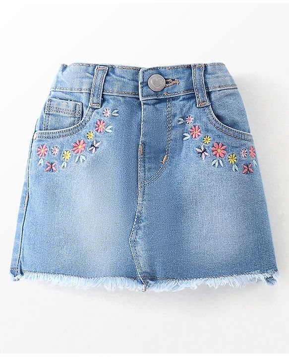 Babyhug Denim Mid Thigh Skirt Floral Embroidery - Blue