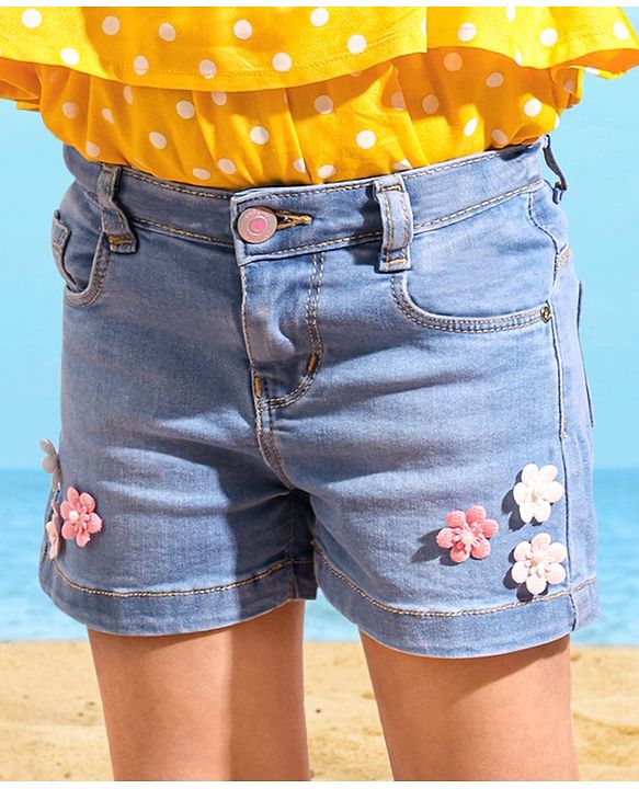 Babyhug Cotton Stretched Mid Thigh Length Washed Shorts Crochet Flower - Blue