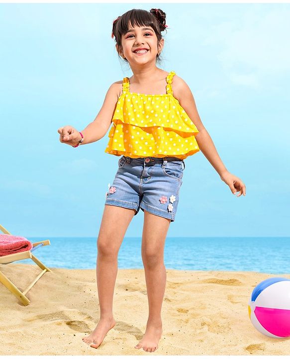 Babyhug Cotton Stretched Mid Thigh Length Washed Shorts Crochet Flower - Blue