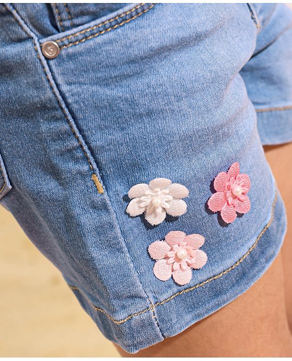 Babyhug Cotton Stretched Mid Thigh Length Washed Shorts Crochet Flower - Blue