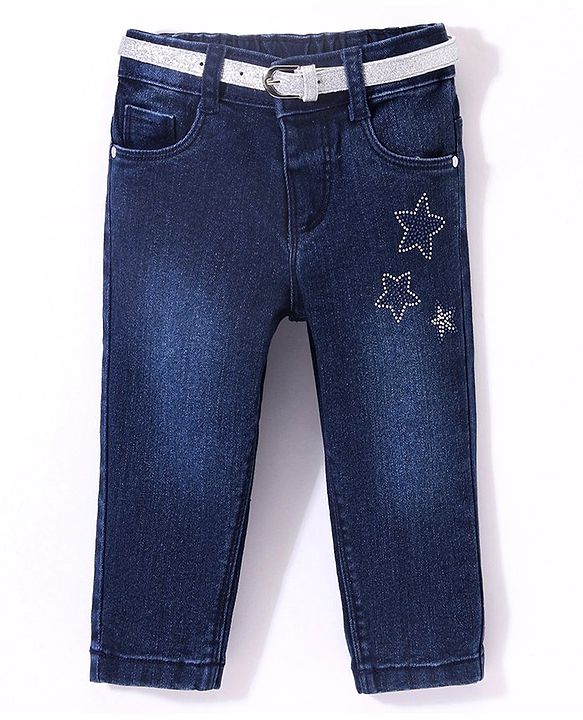 Babyhug Cotton Washed Denim Full Length Jeans With Belt Star Embroidery- Dark Blue