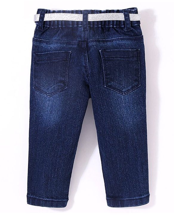 Babyhug Cotton Washed Denim Full Length Jeans With Belt Star Embroidery- Dark Blue